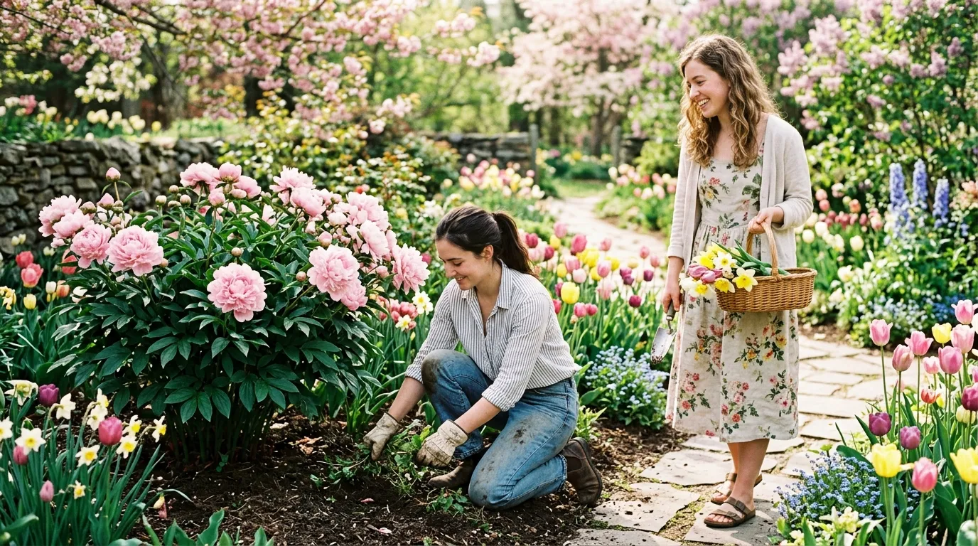 Two women in a vibrant spring garden, wearing gardening gloves and pulling weeds