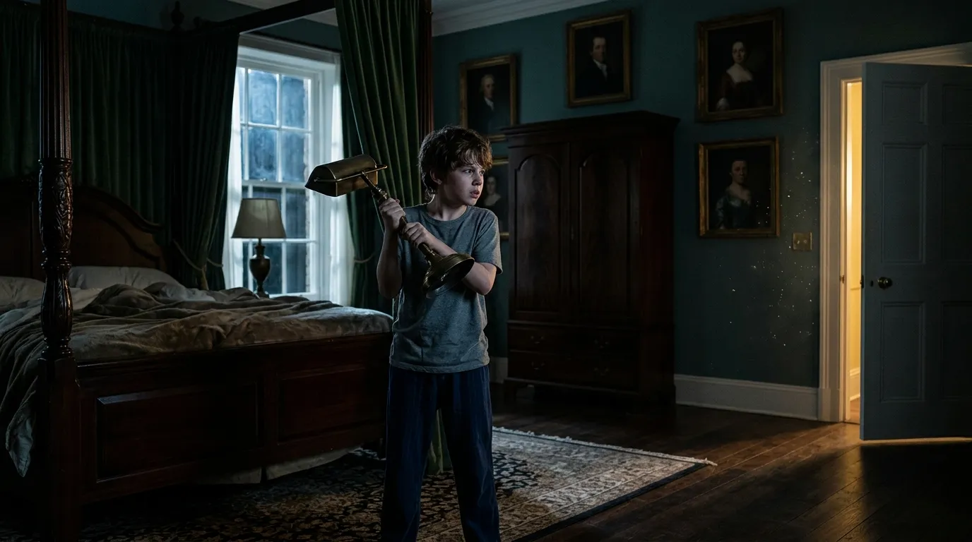 A brave young boy gripping a lamp in a dark room as the door opens