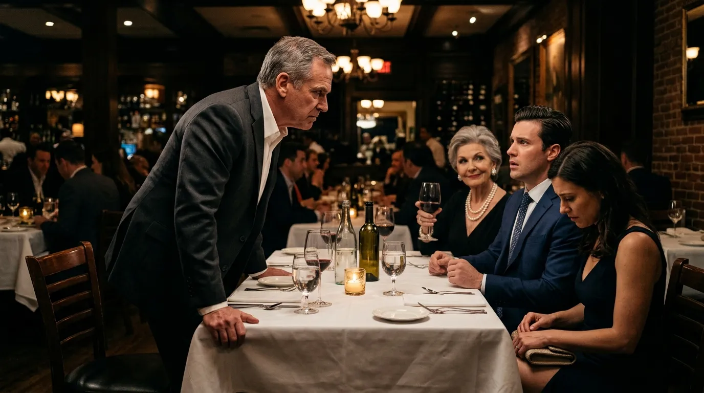 A father stands up at a restaurant table to confront his abusive son-in-law while the mother-in-law watches.