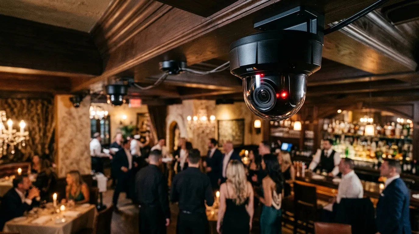 A sleek security camera mounted on a high ceiling in a luxury restaurant