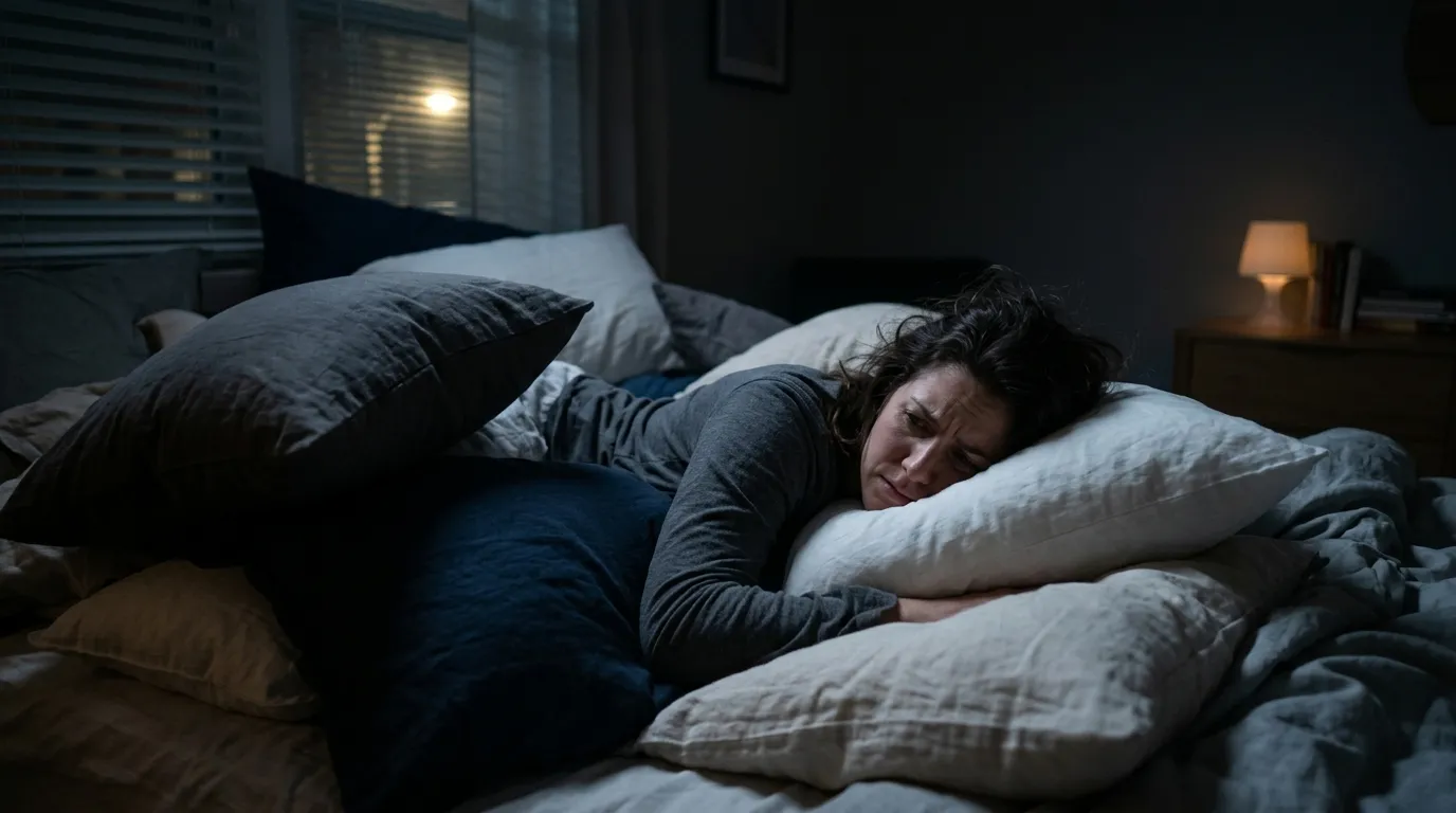 A restless person sleeping on their stomach surrounded by too many pillows