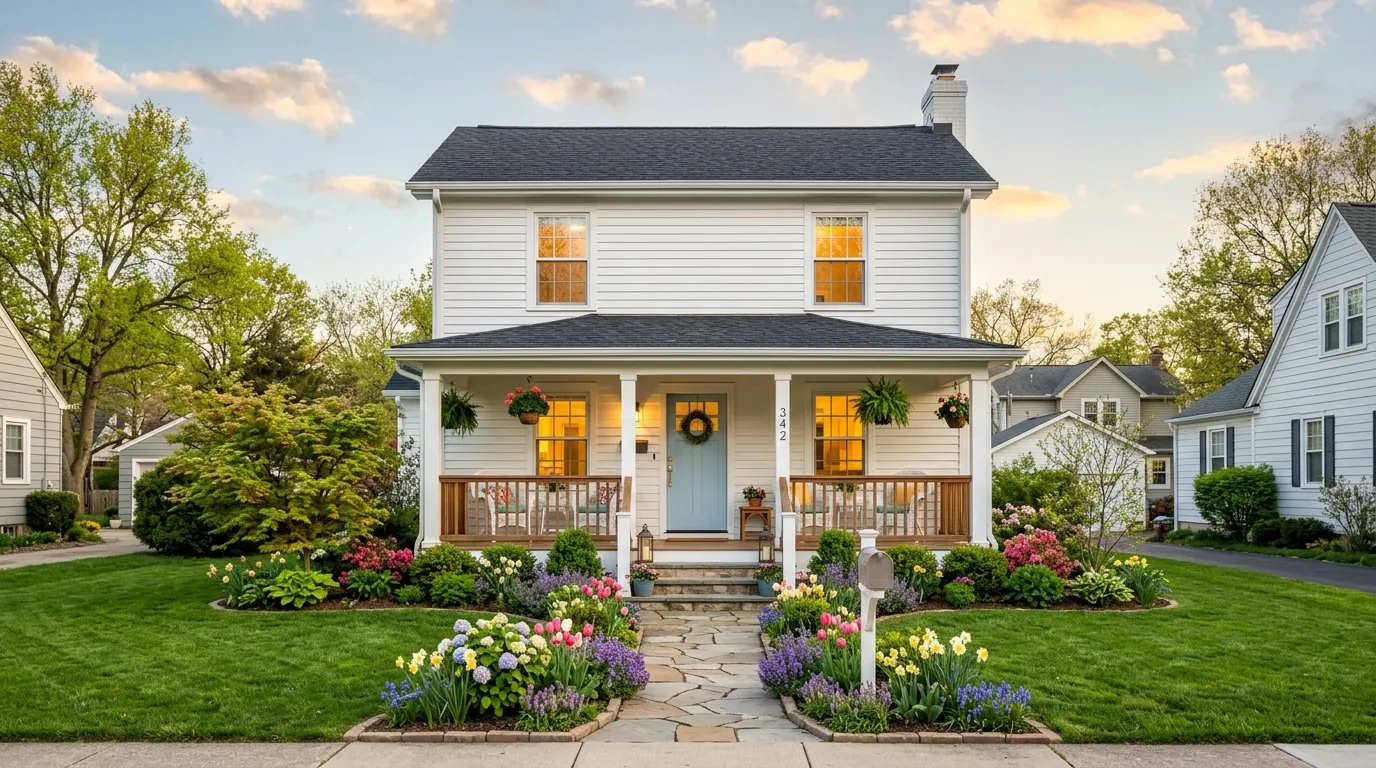 Beautifully restored small white house with warm lights and blooming flowers