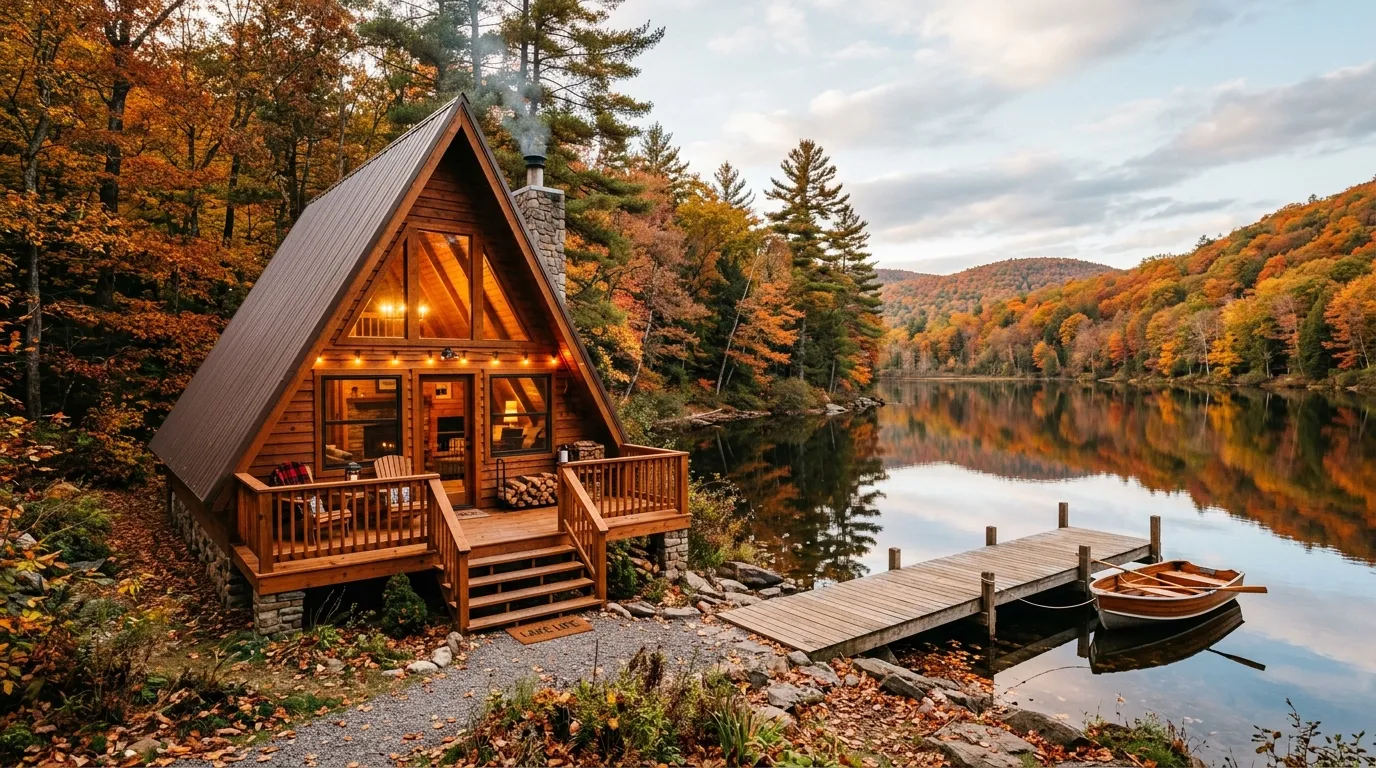 A beautifully restored rustic A-frame lake cabin with a freshly stained porch
