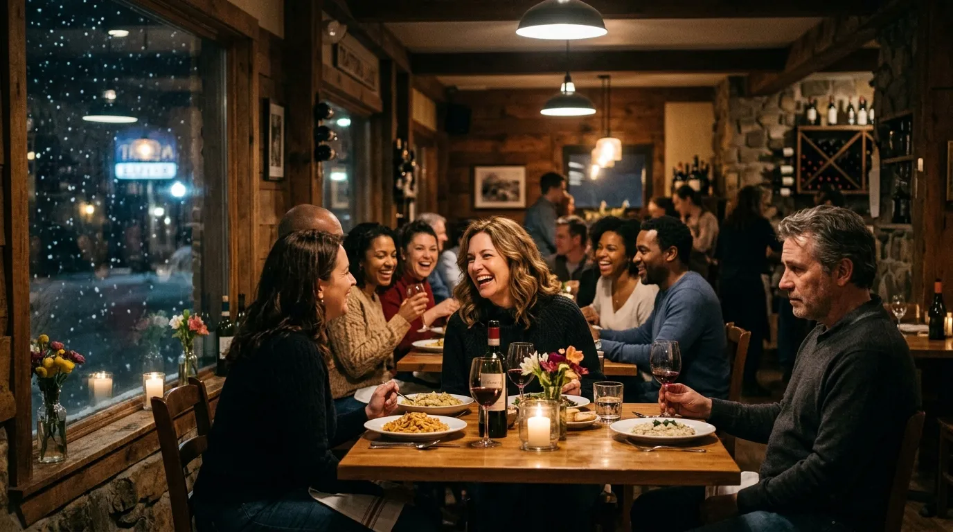 A woman laughing at a dinner table while her ex-husband watches from afar in a snowy restaurant.