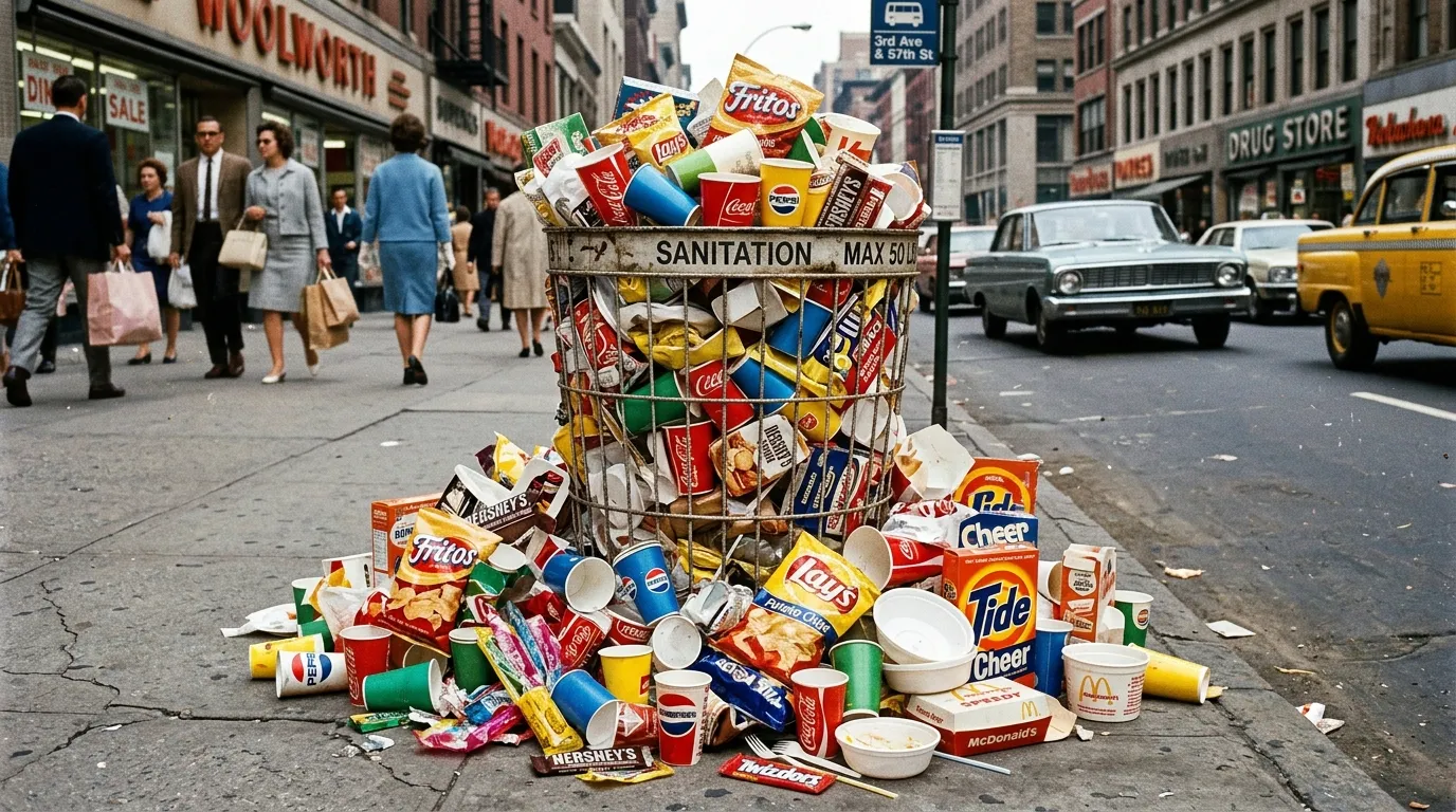 An overflowing wire basket filled with brightly colored vintage plastic packaging and wrappers.