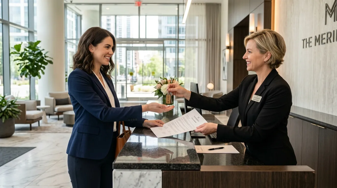 A confident young woman returning her apartment keys to a building manager at a luxury concierge desk.