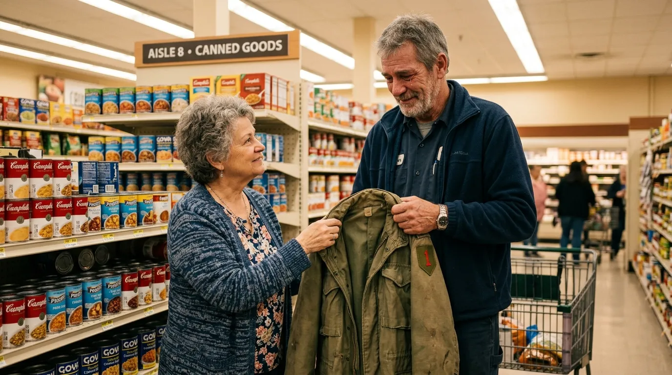 A woman in a grocery store handing a military jacket back to a smiling veteran