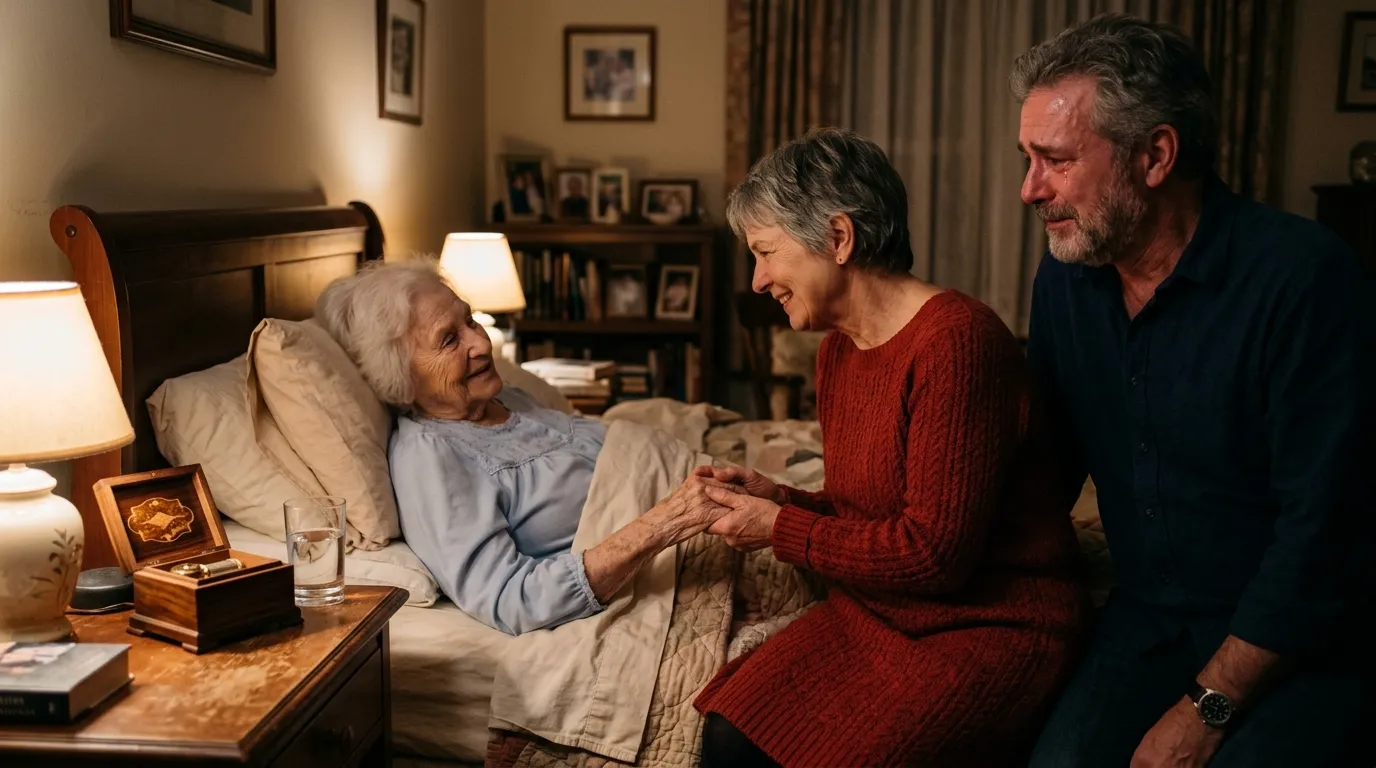 A heartwarming scene of a younger woman in a red dress sitting on the bed of an elderly woman, holding her hand, while a man looks on lovingly.