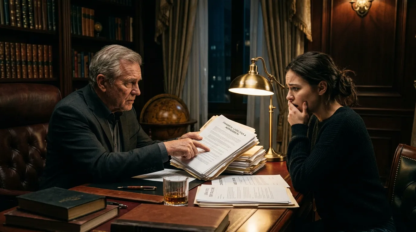An older man showing financial documents to a young woman in a dimly lit home office
