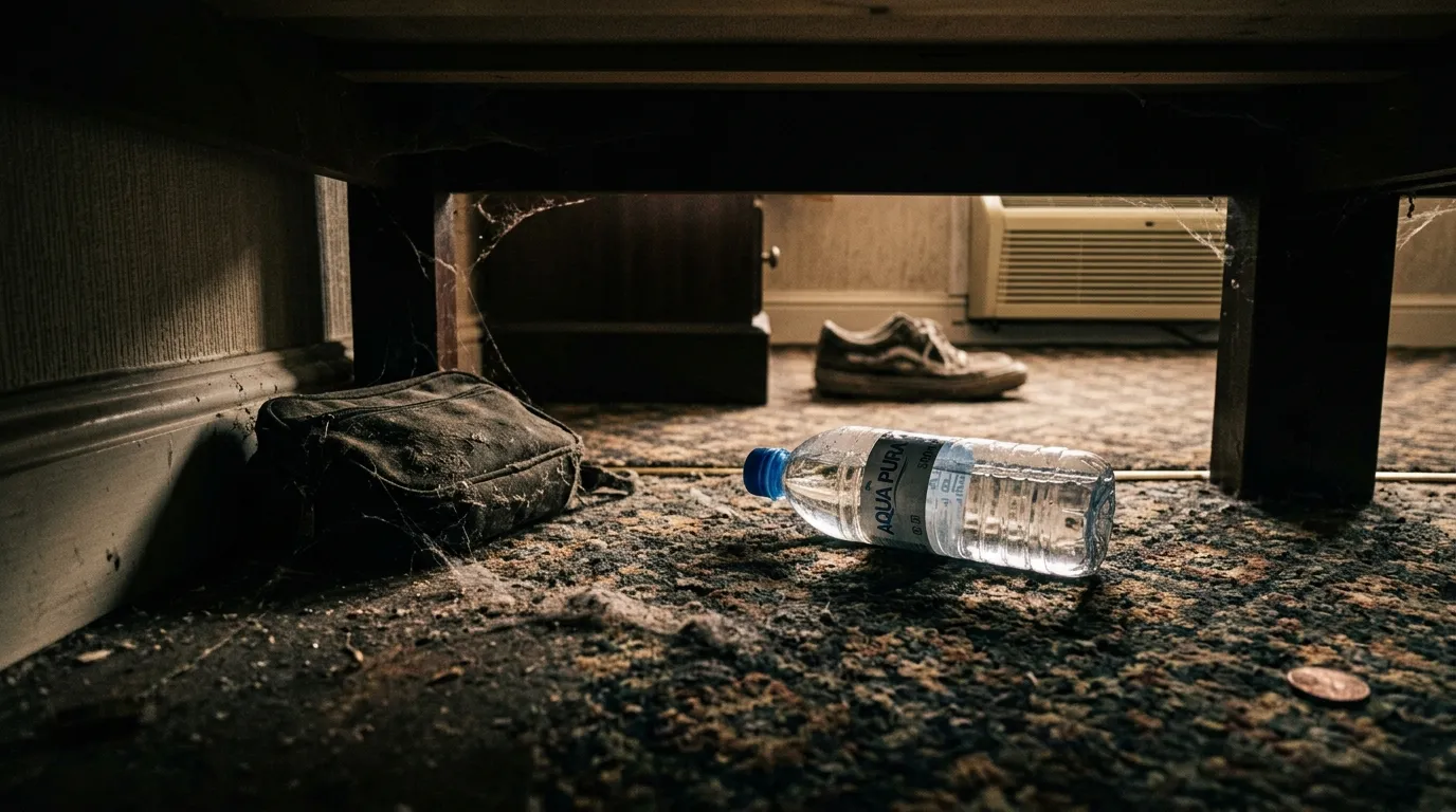 A traveler kneeling on the floor rolling a water bottle under a hotel bed