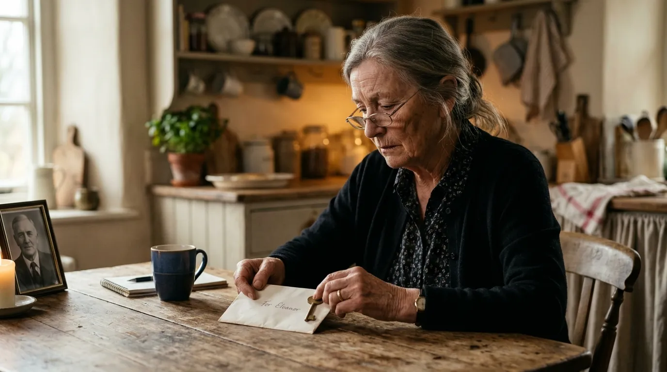 An elderly woman holding a white envelope and brass key at a kitchen table