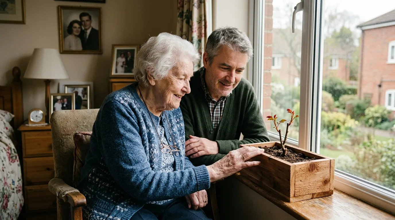 A mother and son looking at a small green rose cutting sprouting in a wooden planter box