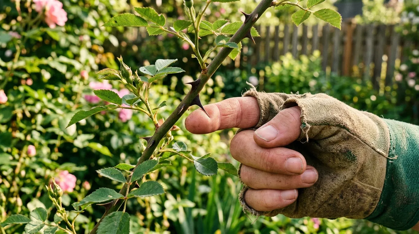 A hand getting pricked by a rose bush thorn in a garden
