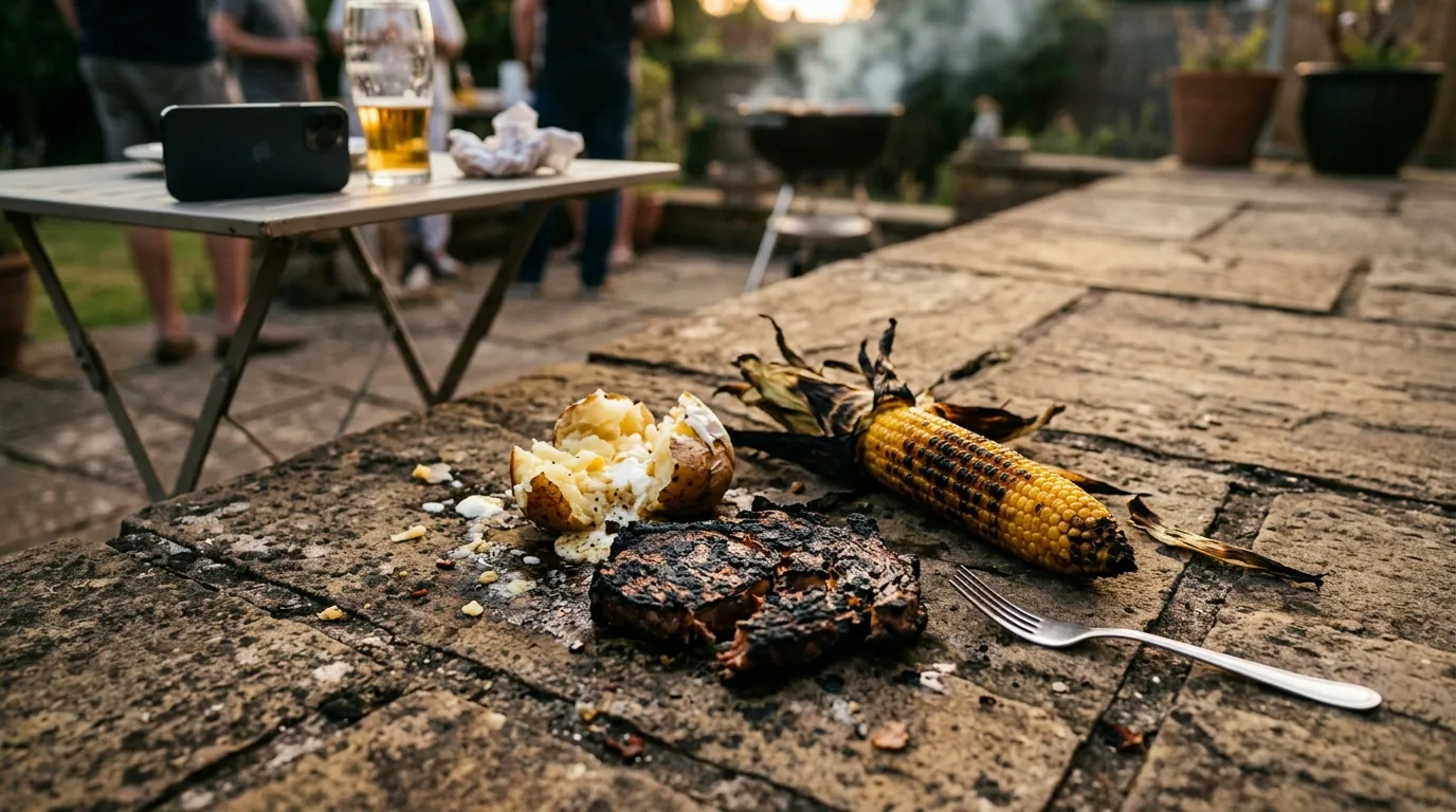 A ruined grilled ribeye steak and vegetables scattered on a stone patio