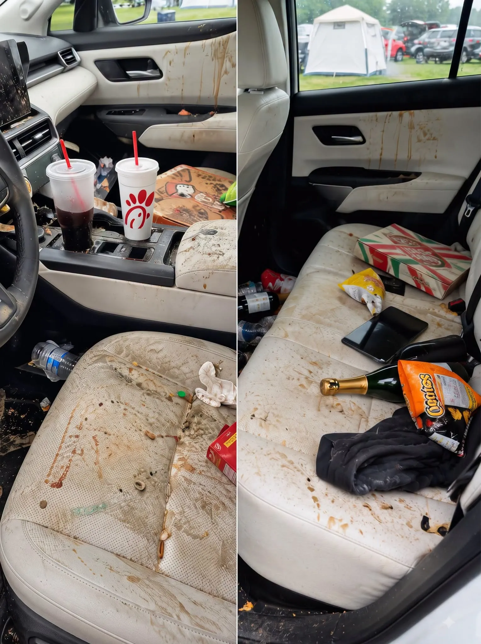 The back seat of a car ruined by a massive red liquid spill and scattered trash.