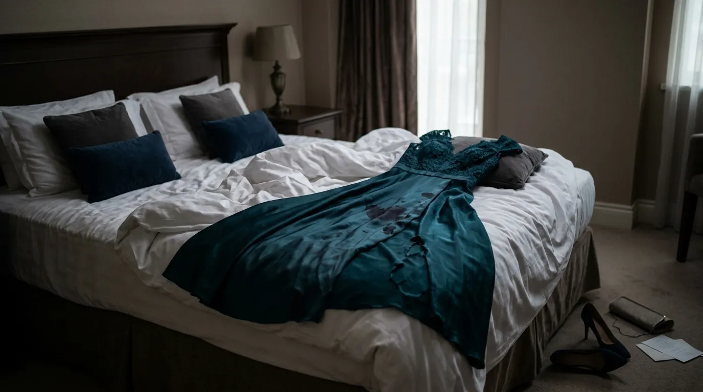 A ruined, beautiful evening dress lying on a bed in a dimly lit, elegant bedroom.