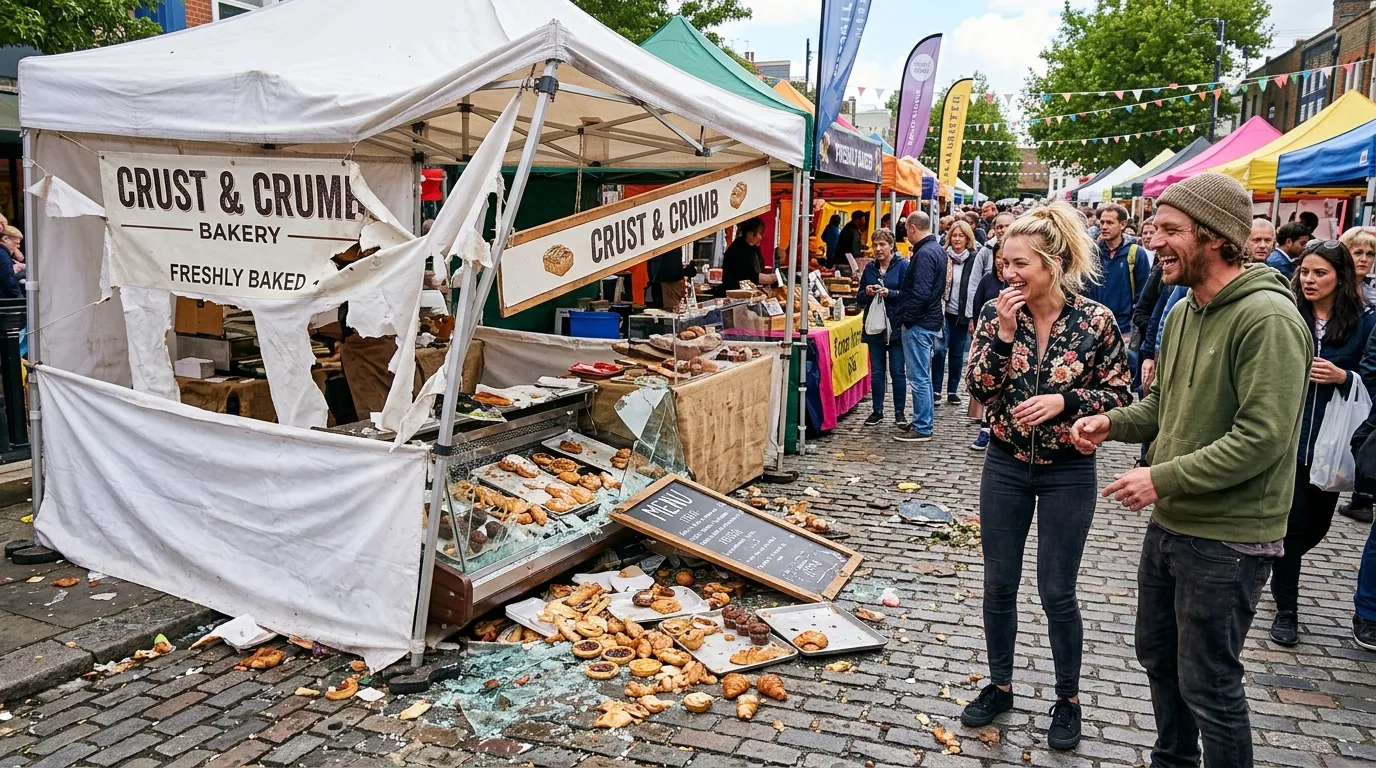 Crushed pastries and broken glass at a wrecked farmers market stall