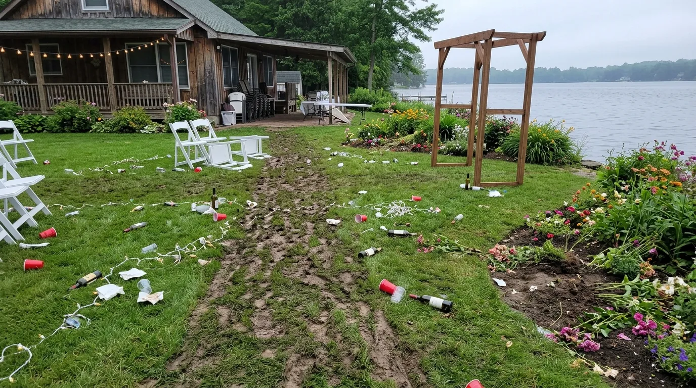 The chaotic aftermath of a backyard wedding with uprooted flower beds and scattered trash