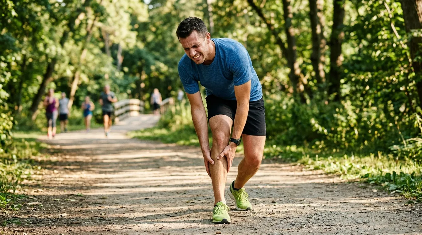 A runner clutching his calf muscle in pain while on a trail