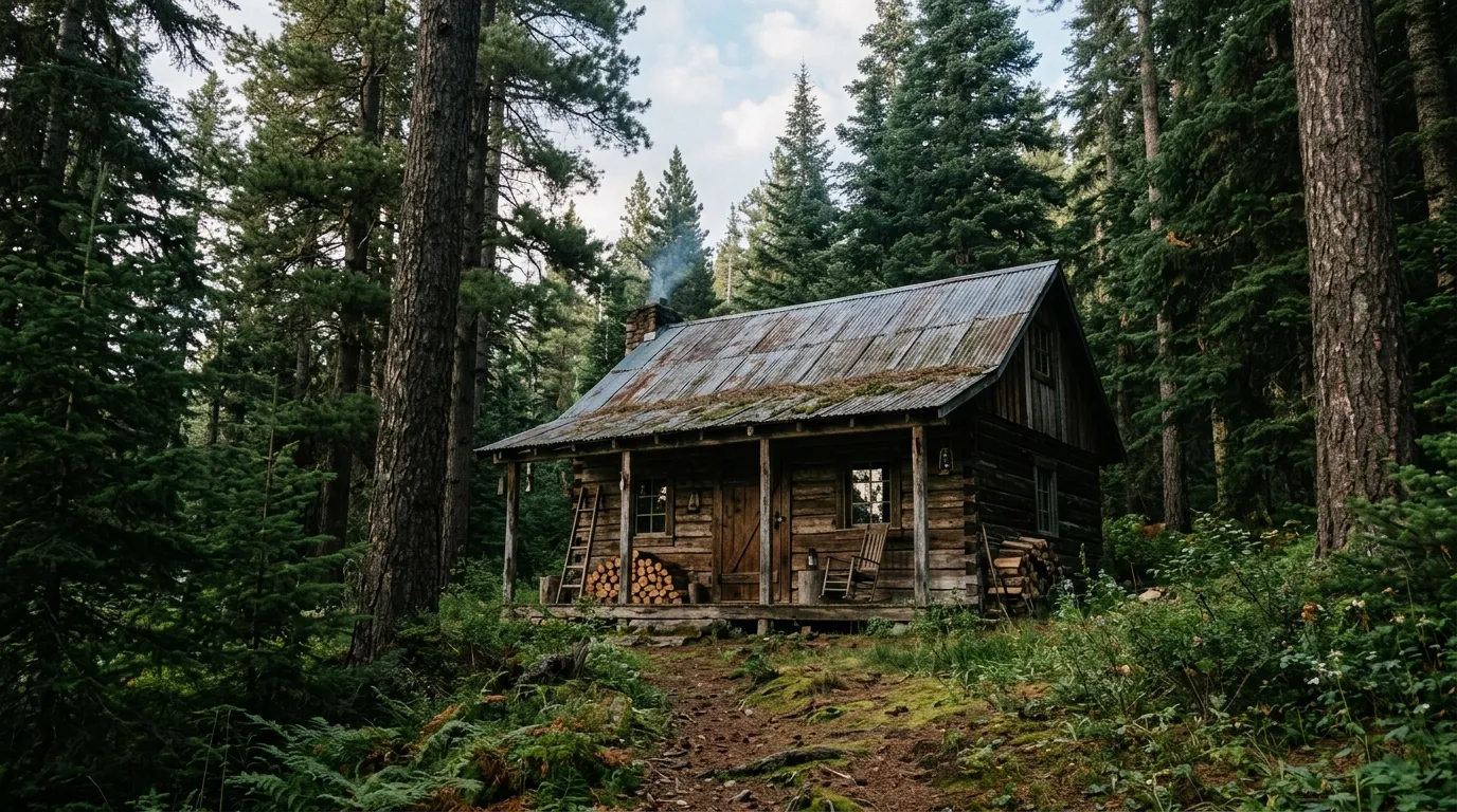 A rustic wooden cabin deep in a serene pine forest