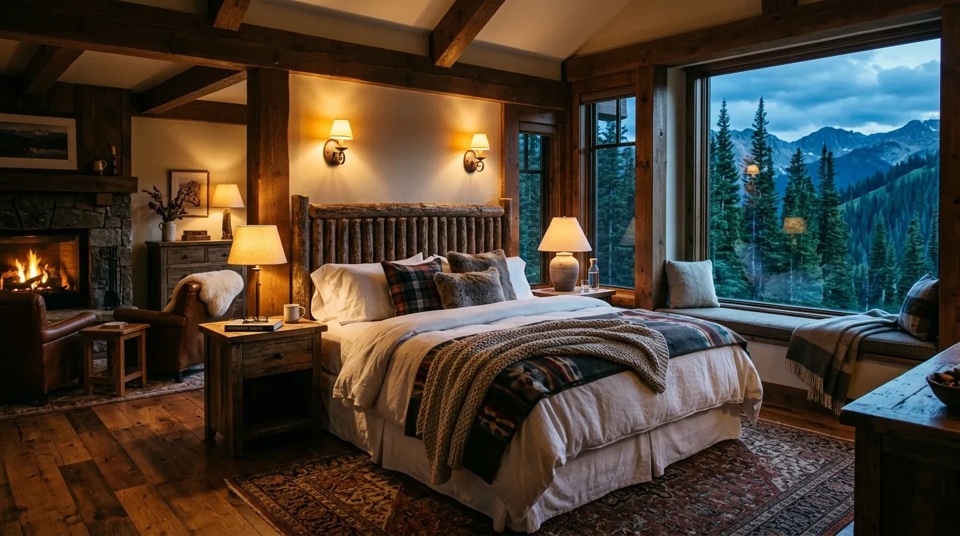 Cozy mountain hotel room with a king-size bed and warm lighting