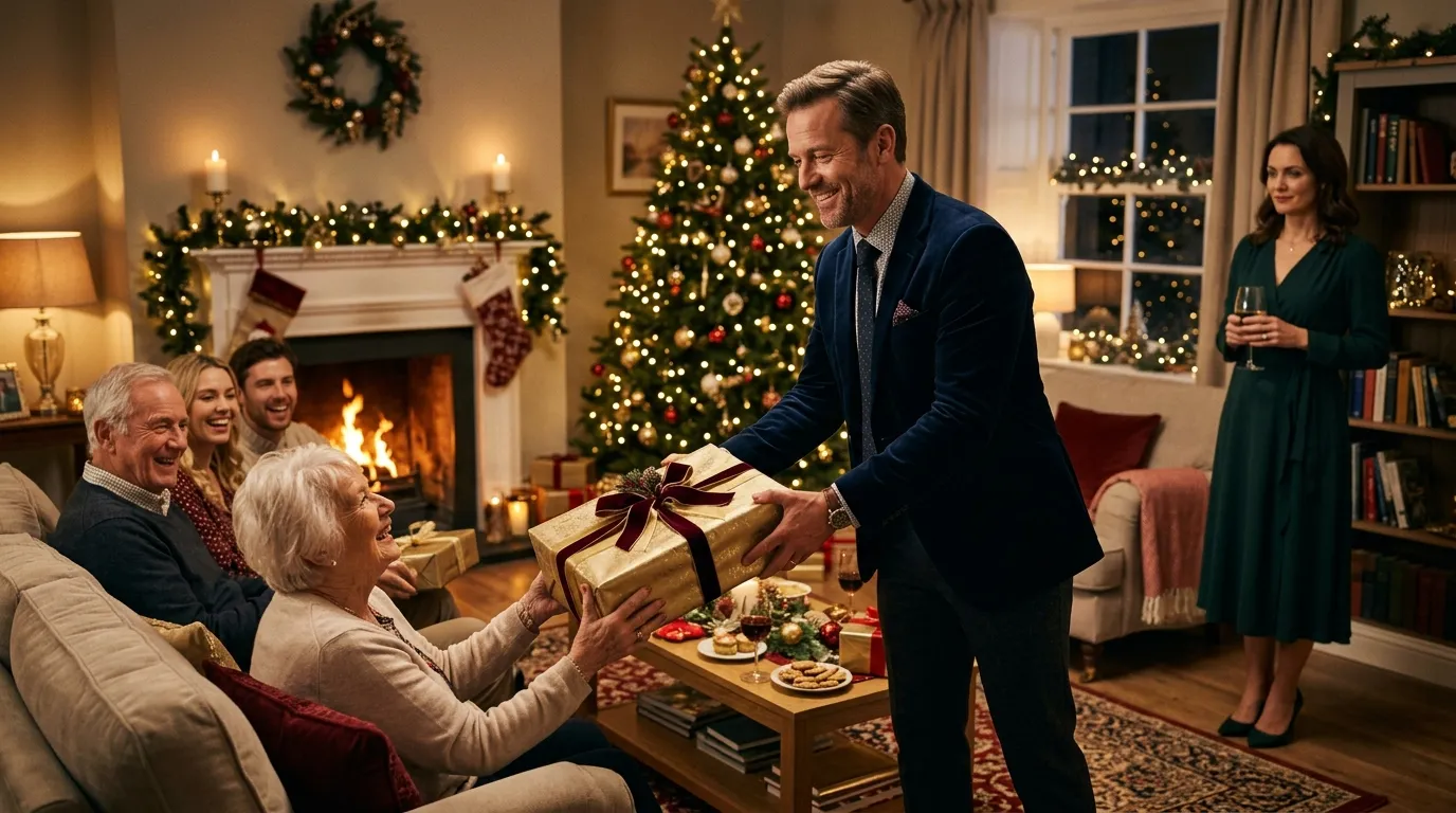 Ryan handing out lavish gifts to his family while Emma watches quietly