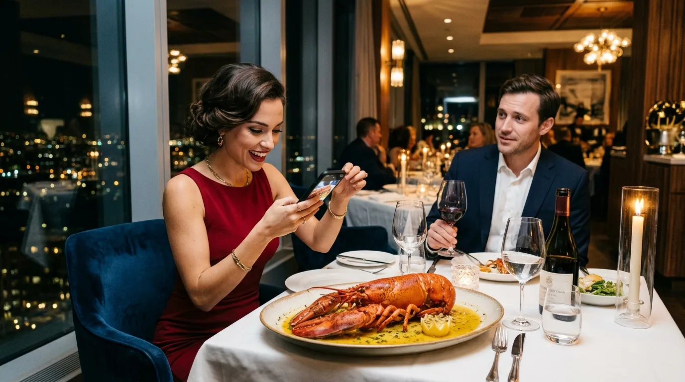 Glamorous woman taking photos of a massive lobster dinner at a fancy restaurant