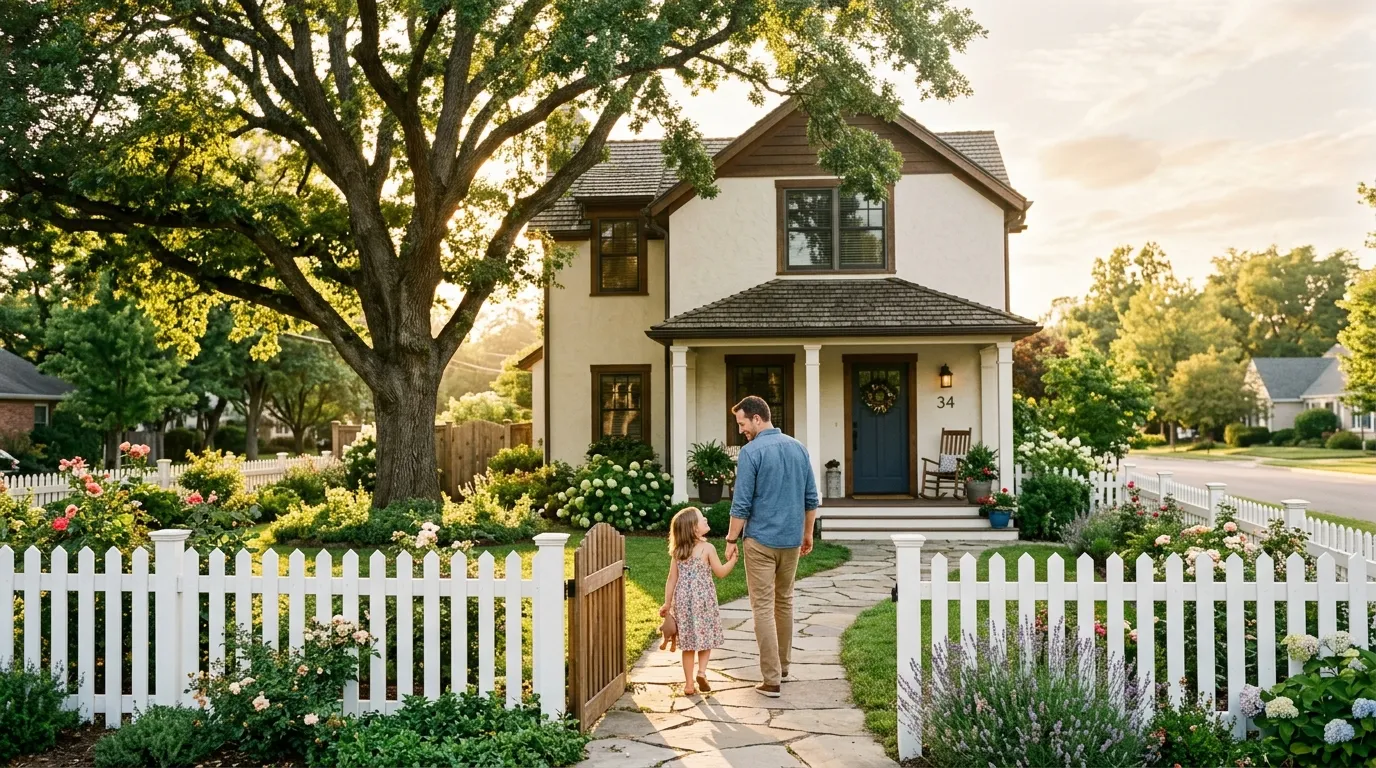 A peaceful townhouse with a white fence and a large oak tree in the front yard.