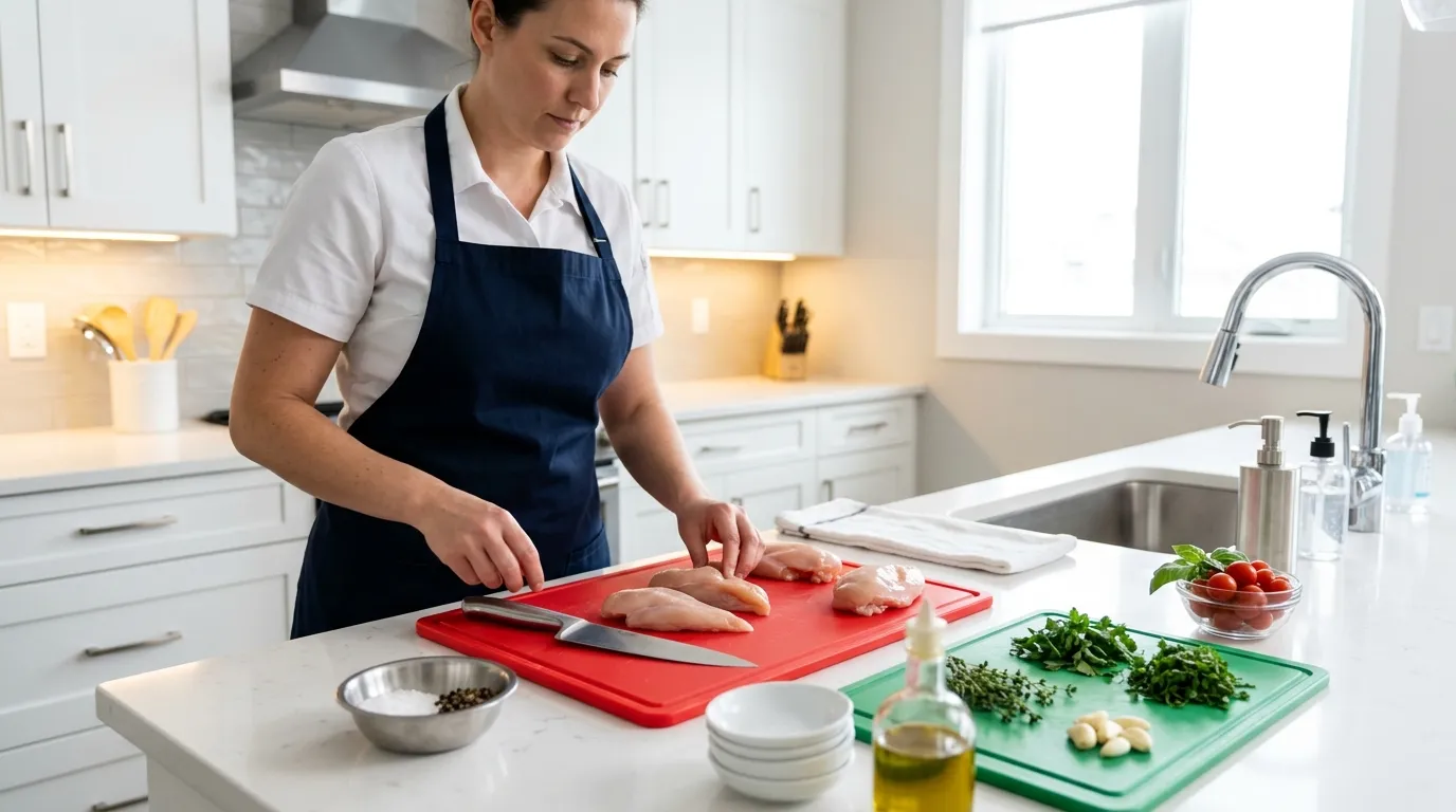 Proper food safety and hygienic preparation of raw poultry in a kitchen