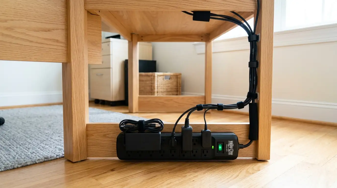Clean, organized home office with a premium surge protector powering a laptop, monitor, and router safely
