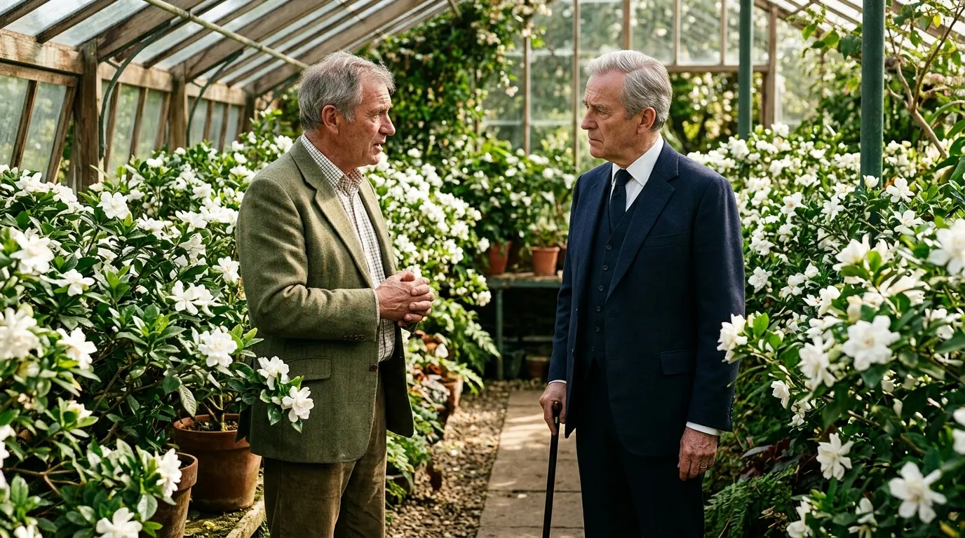 Estate manager Samuel confessing in a sunlit greenhouse
