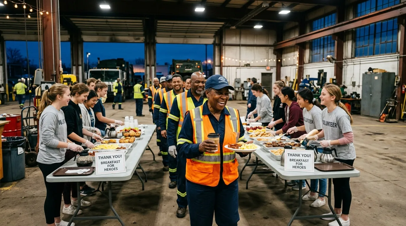 High school students serving a large breakfast buffet to emotional sanitation workers inside a brightly lit industrial garage.