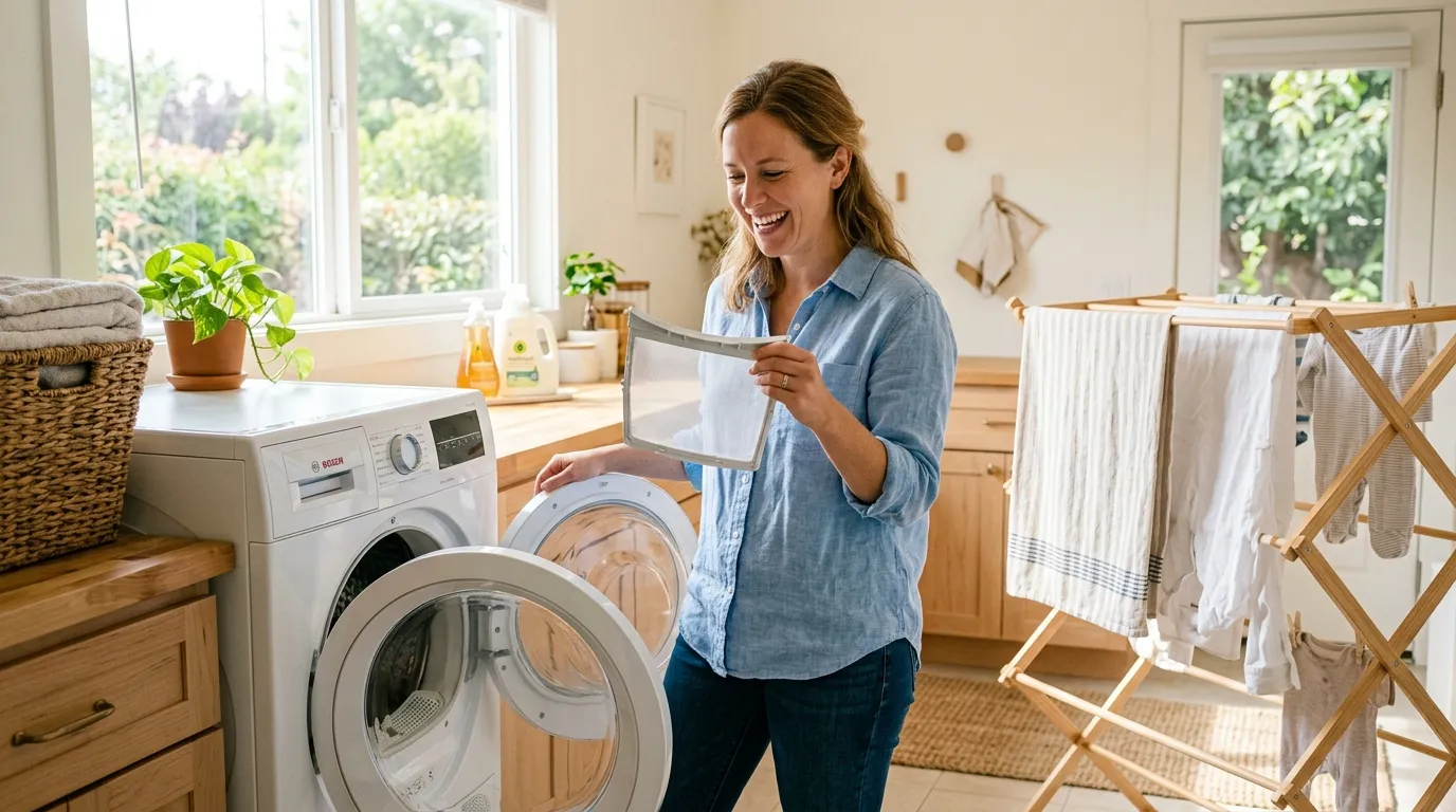 Sarah smiling while holding a clean lint filter in a sunlit laundry room