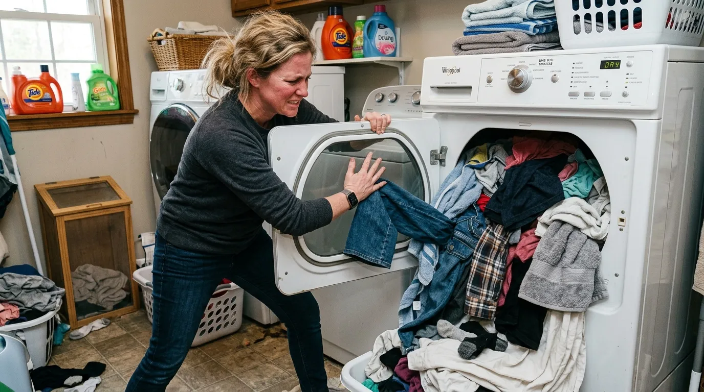 Sarah looking frustrated trying to close an overstuffed dryer full of tangled clothes