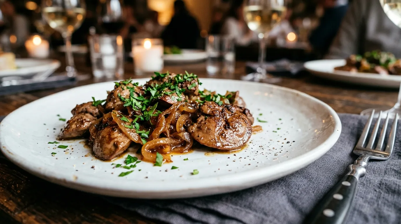 A gourmet dish of sautéed chicken liver served with fresh herbs