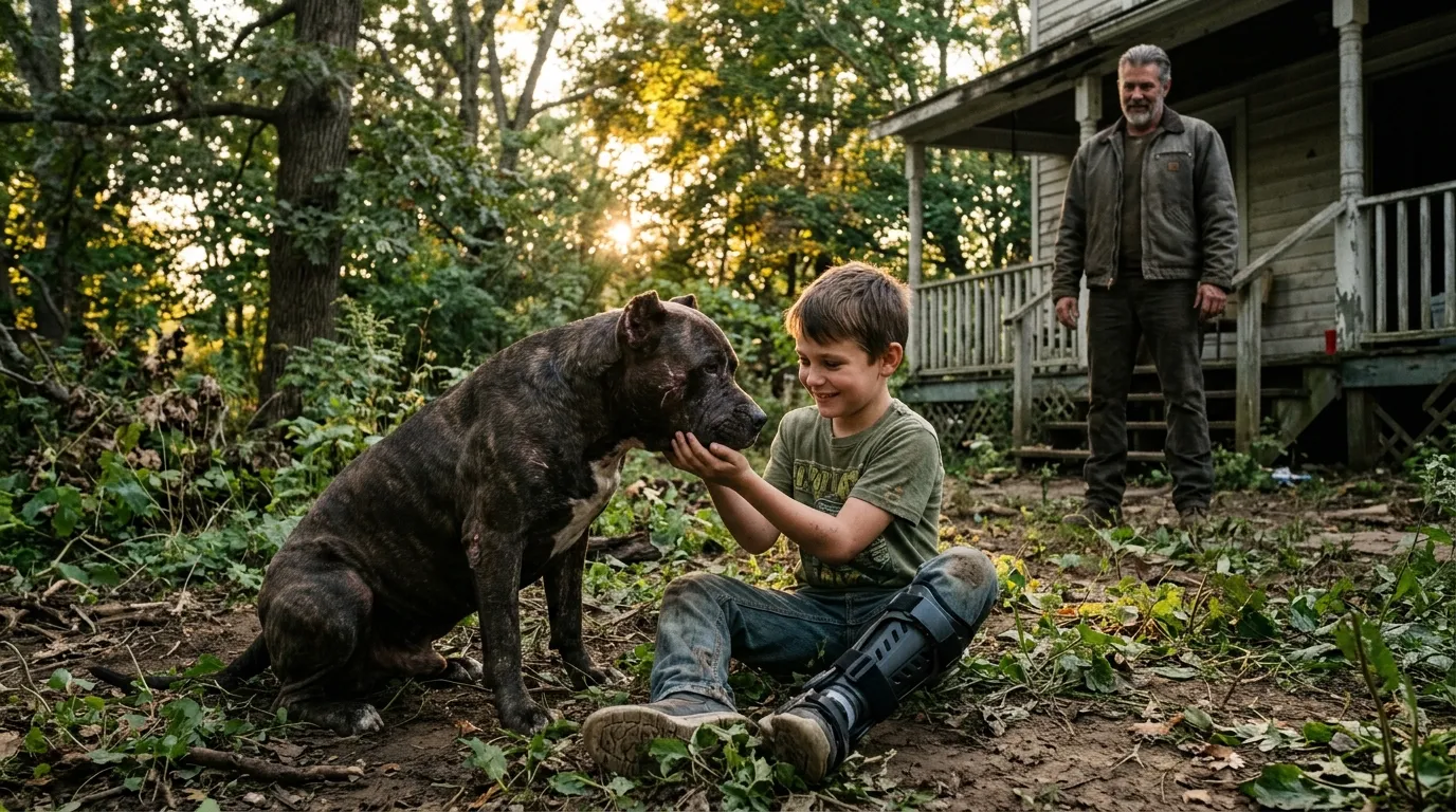 A scarred pitbull laying on the grass while a boy uses him to stand up.