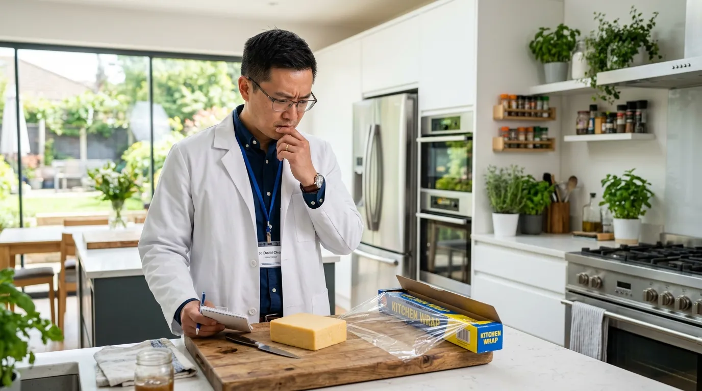 Microbiologist Christophe Mercier-Thellier examining a roll of plastic cling film next to cheese in a kitchen.