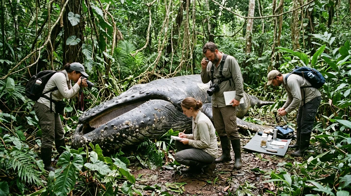 Wildlife researchers in jungle gear examining the large whale carcass inside the forest.