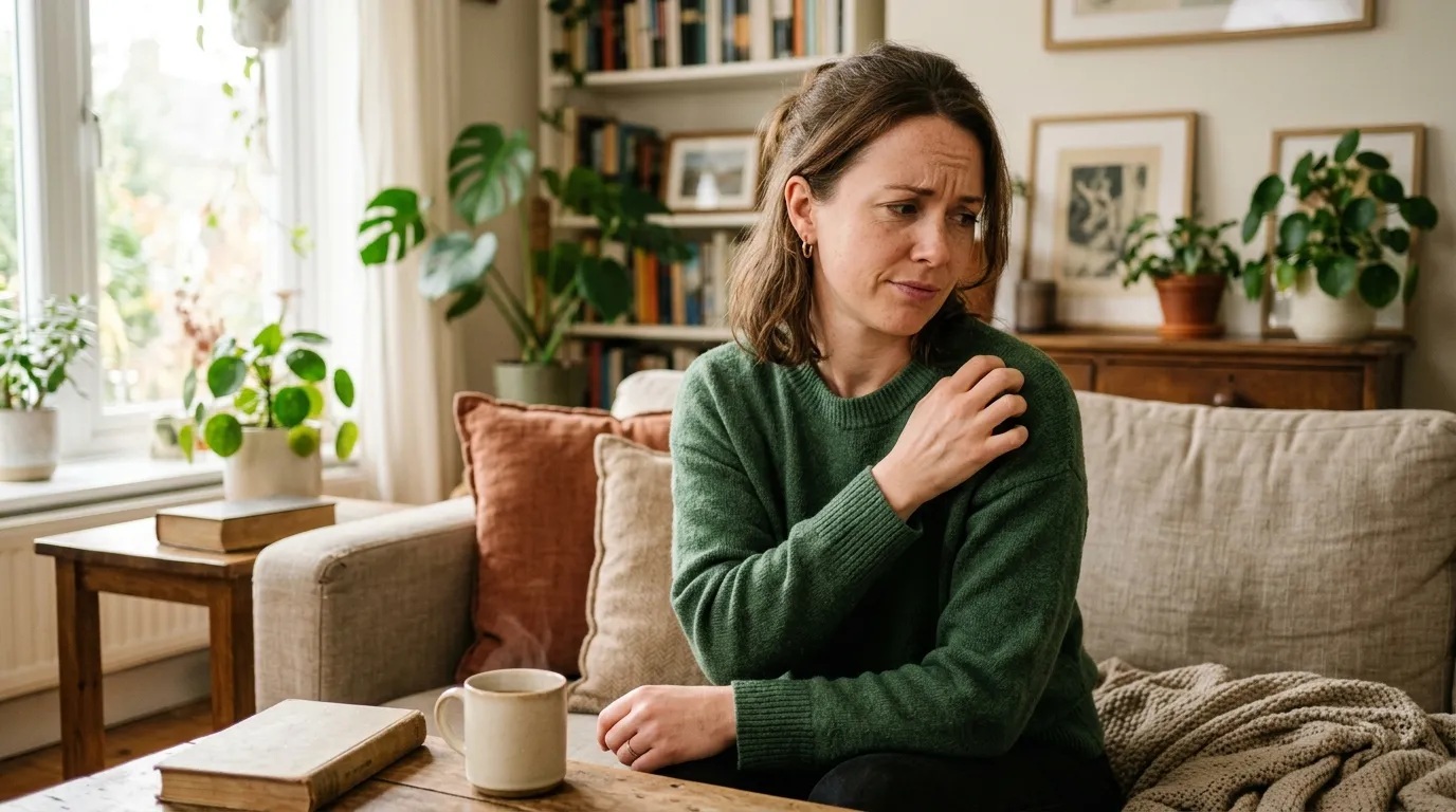 A concerned person gently scratching their shoulder in a softly lit living room.