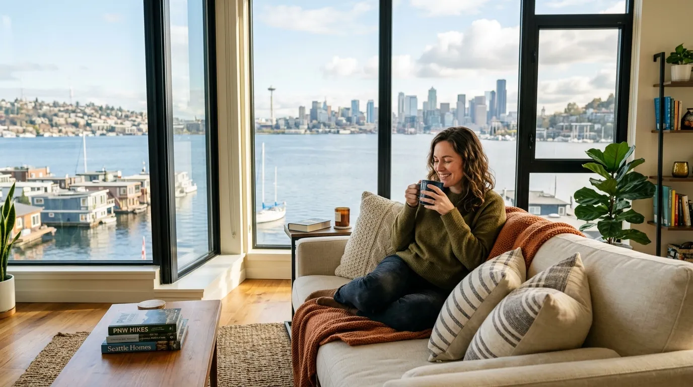 A peaceful living room with large windows overlooking Lake Union in Seattle, where the woman is happily relaxing.