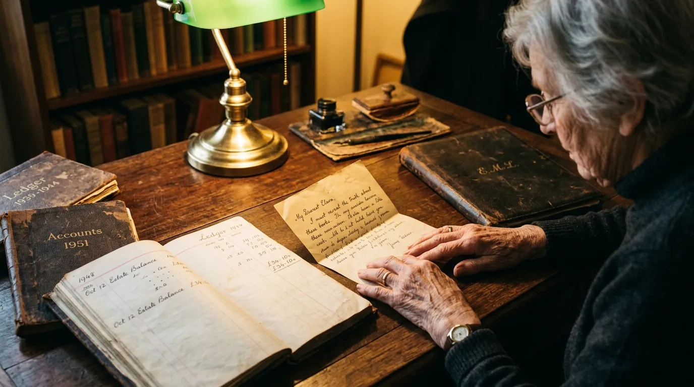 An elderly woman's hands resting on a vintage wooden desk illuminated by a warm lamp, reading a handwritten letter next to open accounting ledgers.