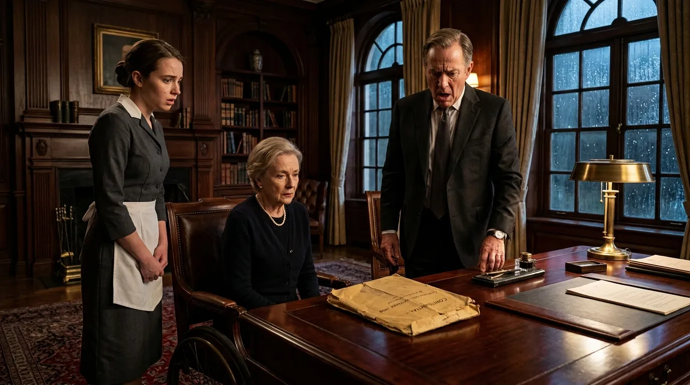 Tense confrontation in a dark-wood office over an old creased letter