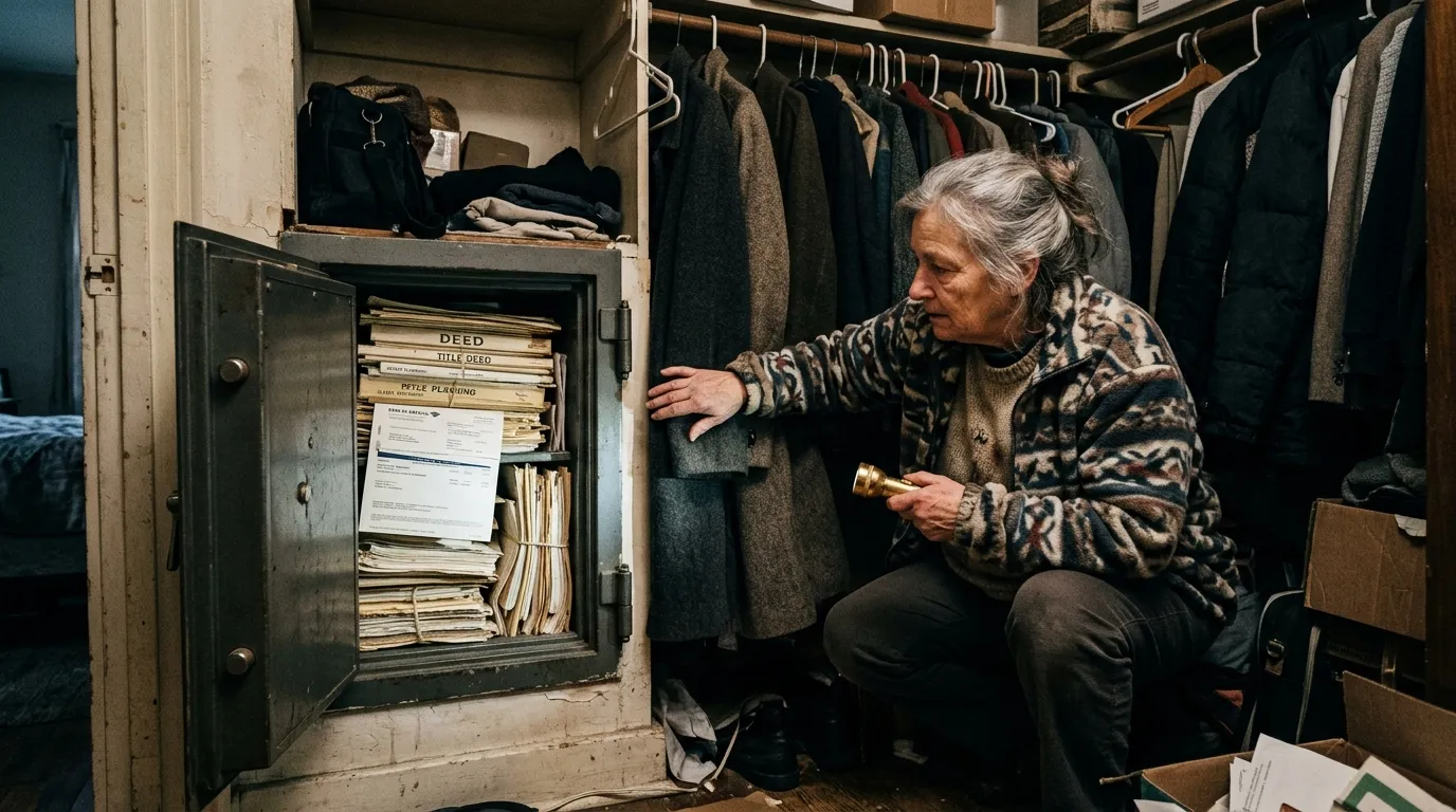 An older woman opening a vintage wall safe filled with financial documents in a dark closet
