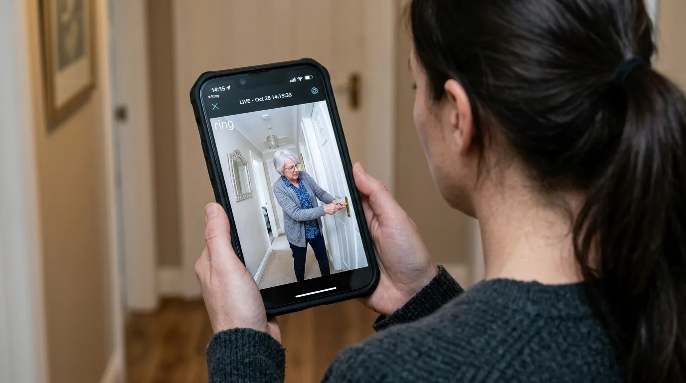 A smartphone displaying a security camera feed of an older woman trying to open a locked bedroom door.