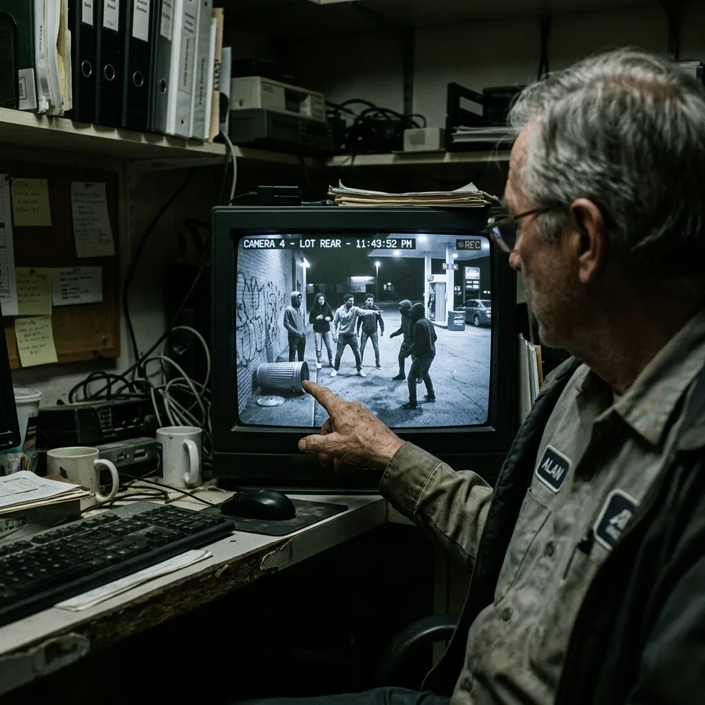 Gas station manager reviewing security camera footage
