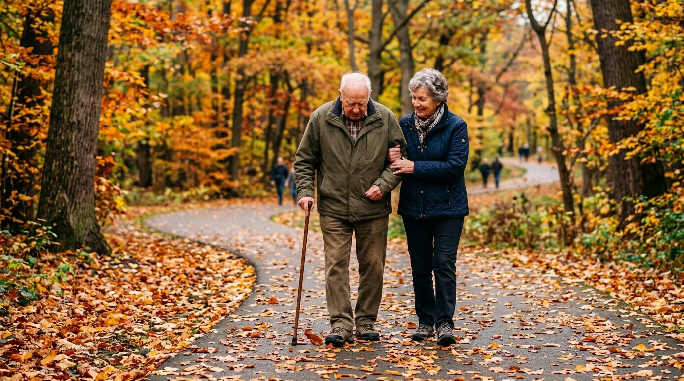 An older couple walking arm-in-arm in a park, carefully navigating the path