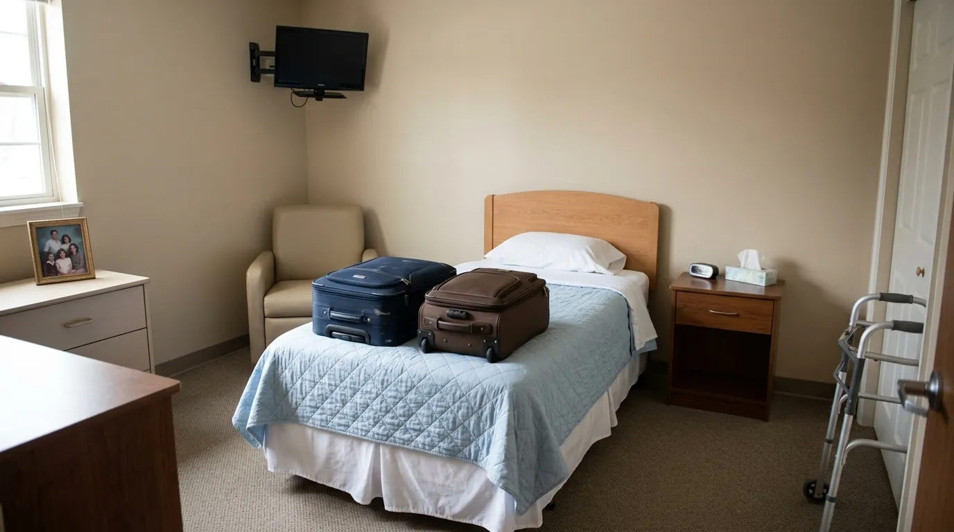 A beige senior living room with packed suitcases on a small bed