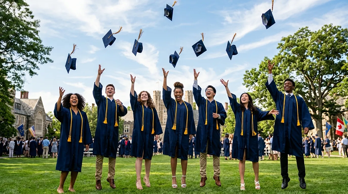 Seven teenagers in graduation caps and gowns celebrating on a campus lawn
