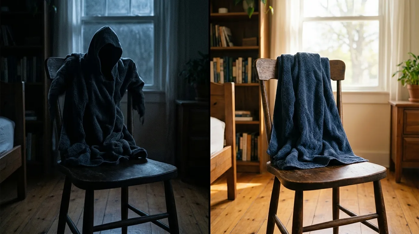 Split screen showing a shadowy towel looking like a monster in the dark, and a normal towel in daylight
