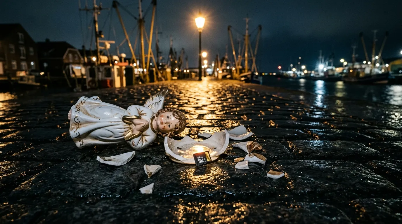 A broken ceramic Christmas angel on wet cobblestones with a digital memory card rolling out of the base.